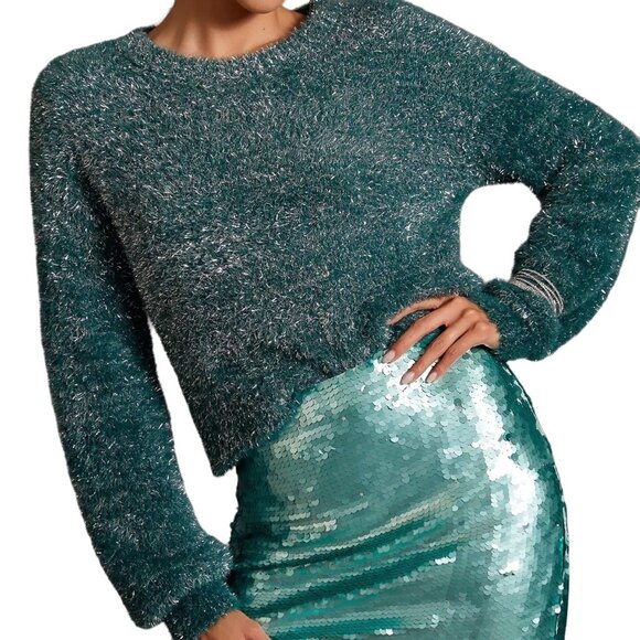 Anthropologie Maeve Metallic Tinsel Eyelash Crewneck Sweater in Teal Size SP - Picture 1 of 17